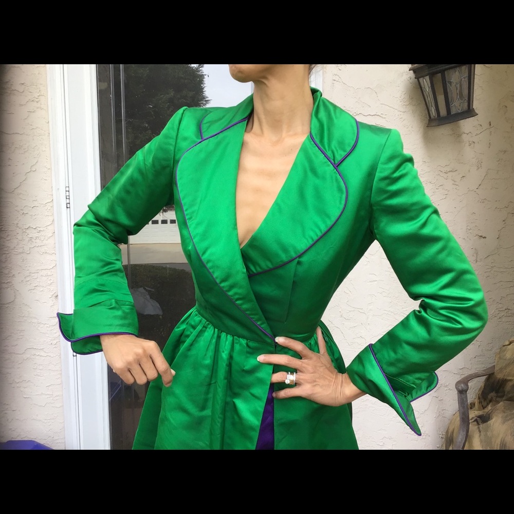 Vtg Bob Mackie satin coat dress tuxedo green XS - Picture 9 of 11